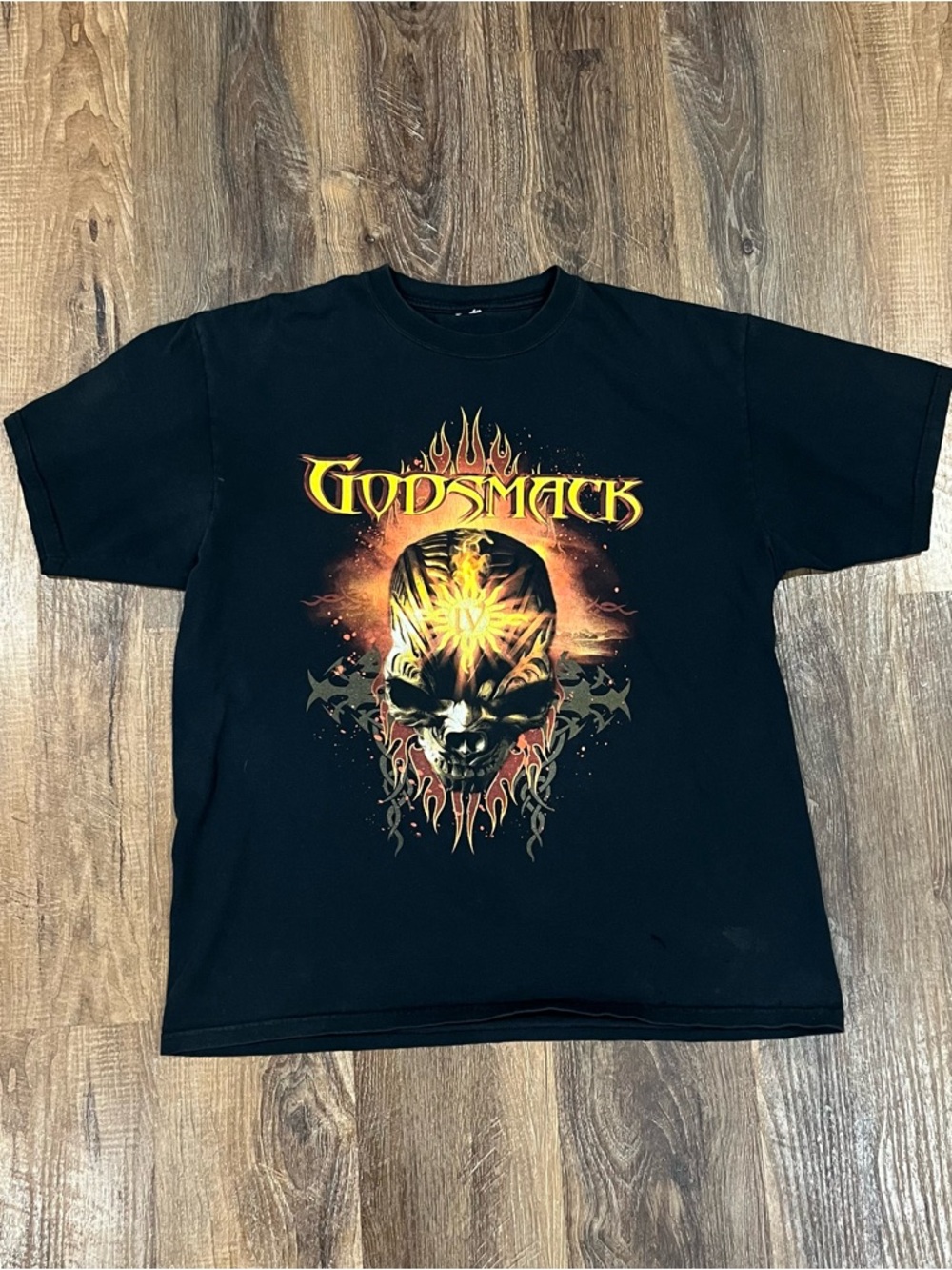 Godsmack Black Graphic Band Tee with Flaming Skull distressed